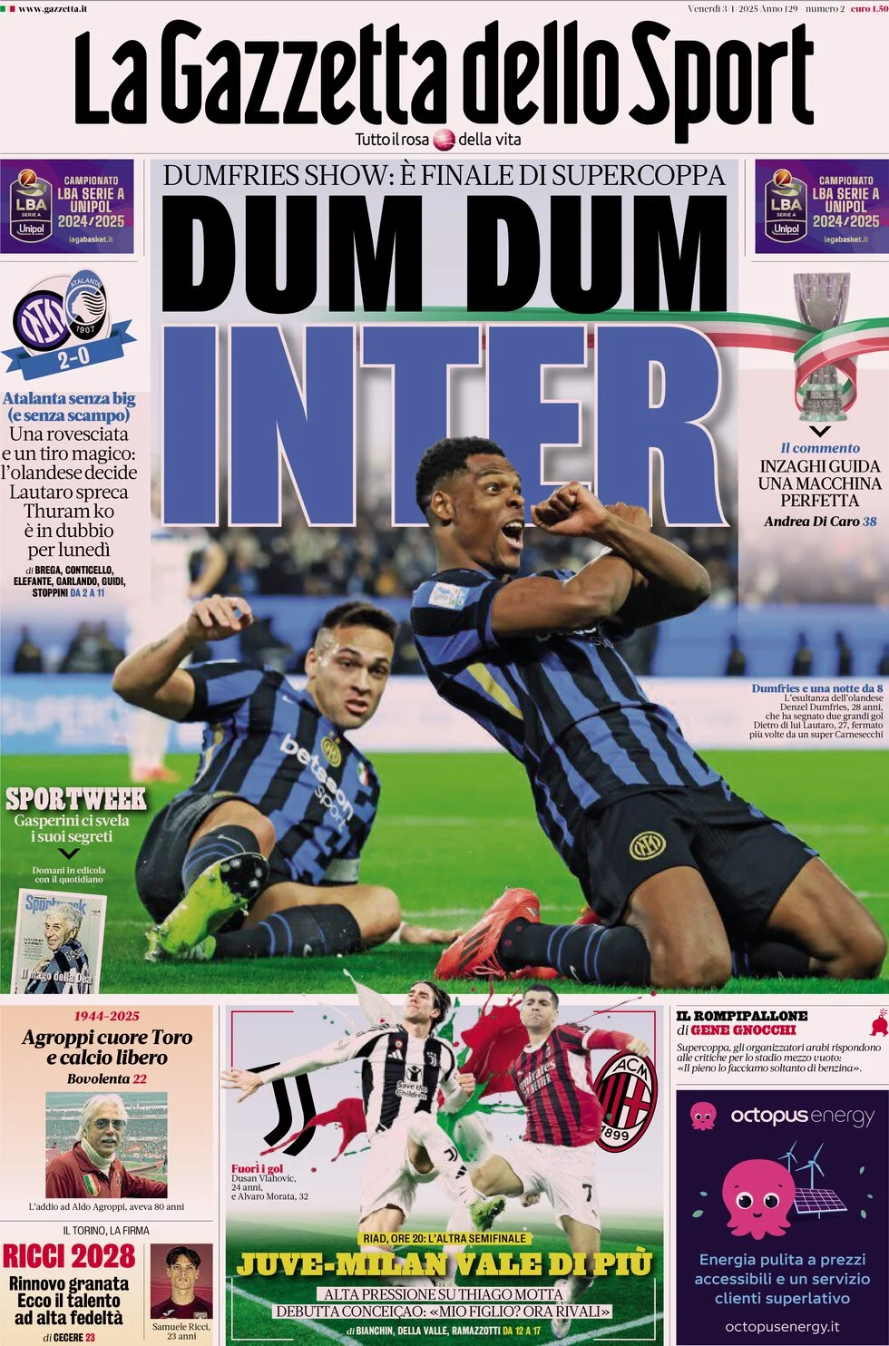 anteprima della prima pagina di la-gazzetta-dello-sport del 03/01/2025