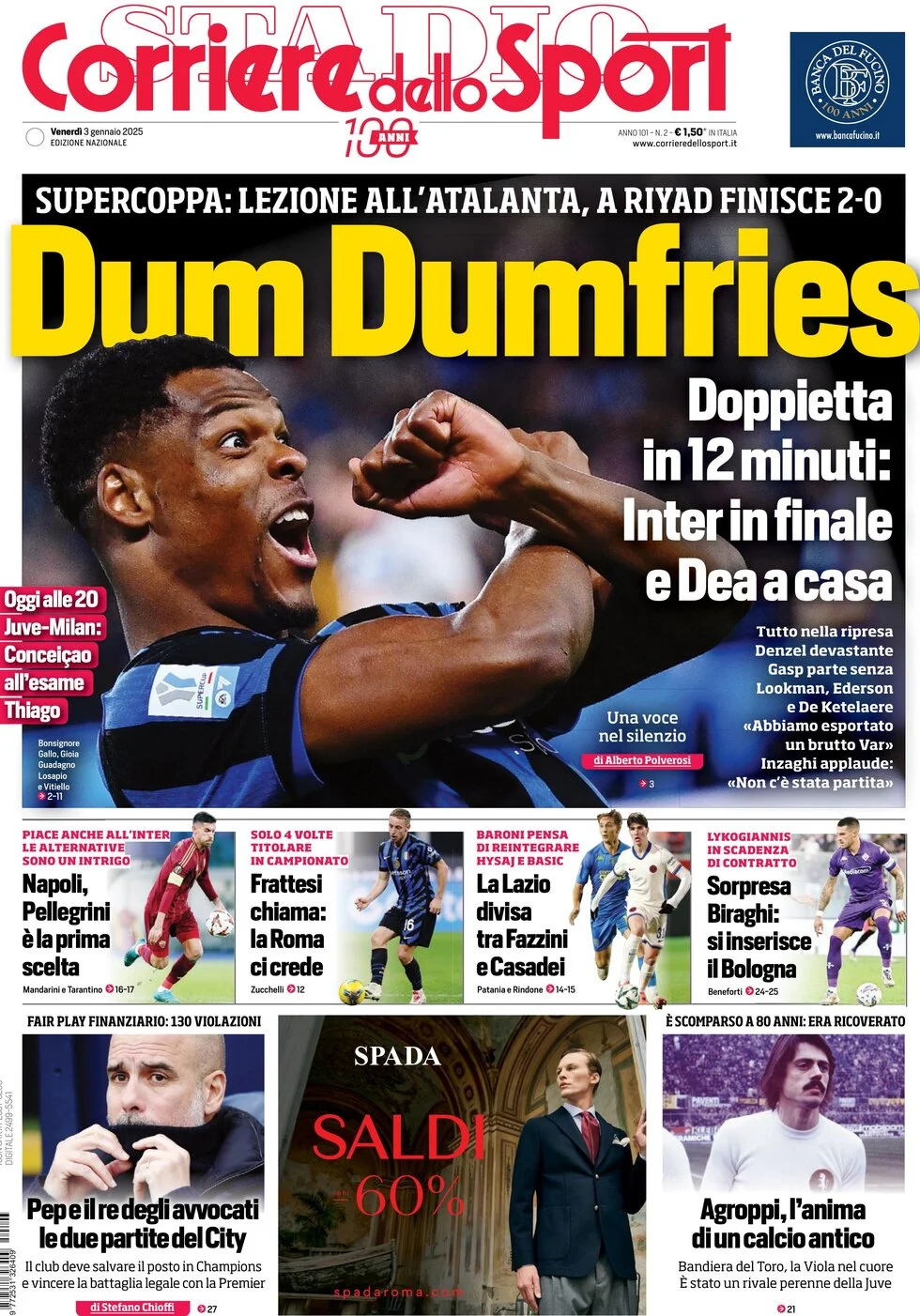 anteprima della prima pagina di corriere-dello-sport del 03/01/2025