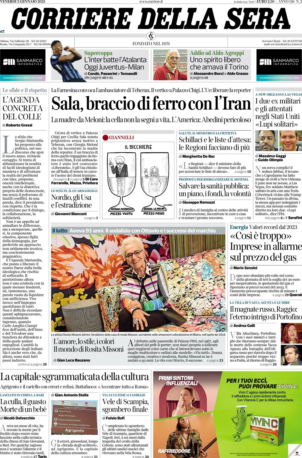 anteprima della prima pagina di corriere-della-sera del 03/01/2025