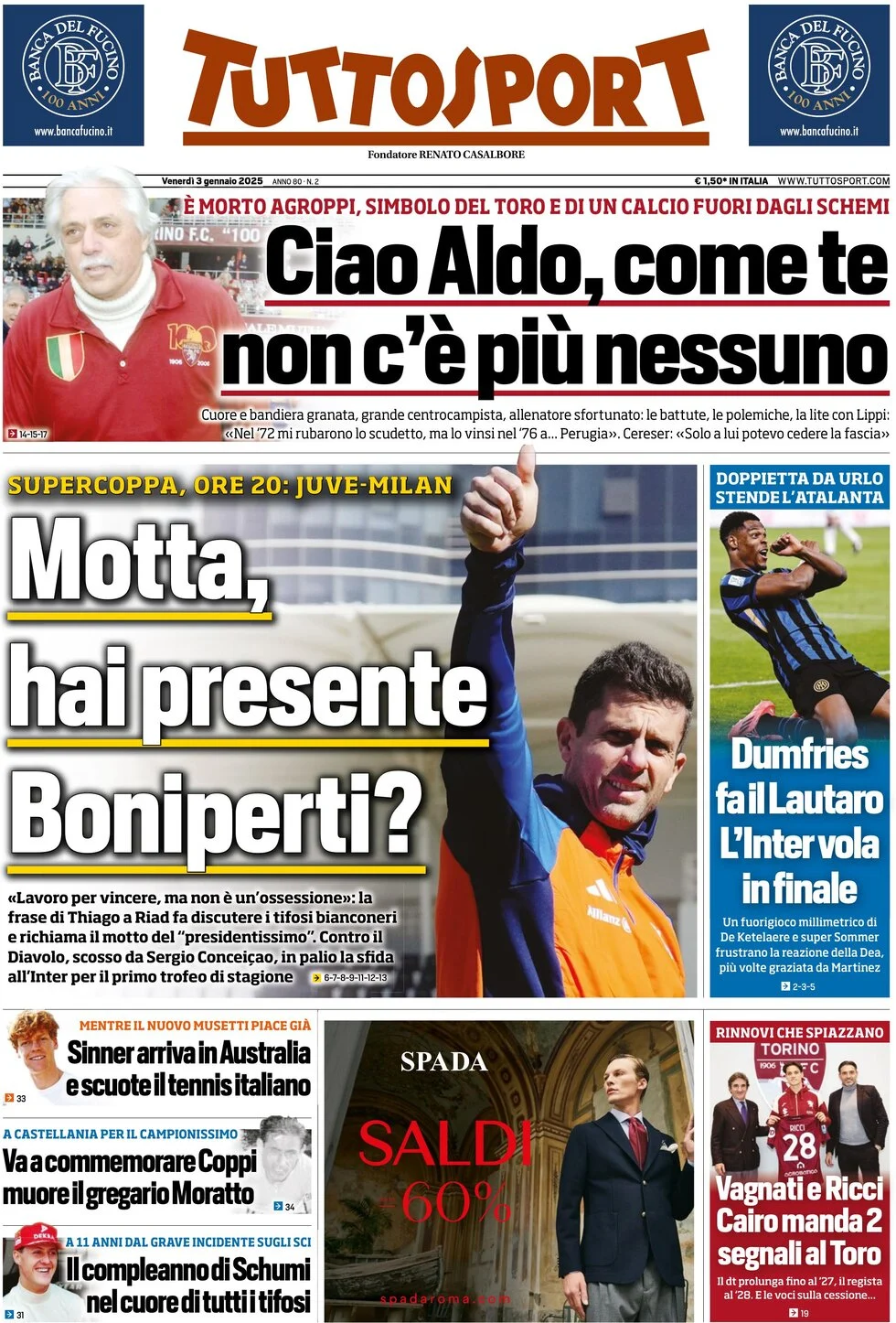 anteprima della prima pagina di tuttosport del 03/01/2025