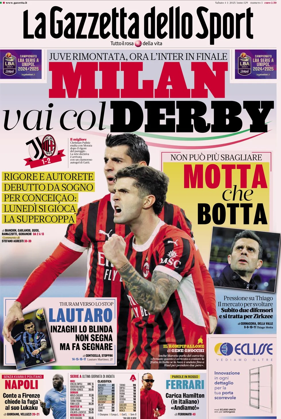 anteprima della prima pagina di la-gazzetta-dello-sport del 04/01/2025
