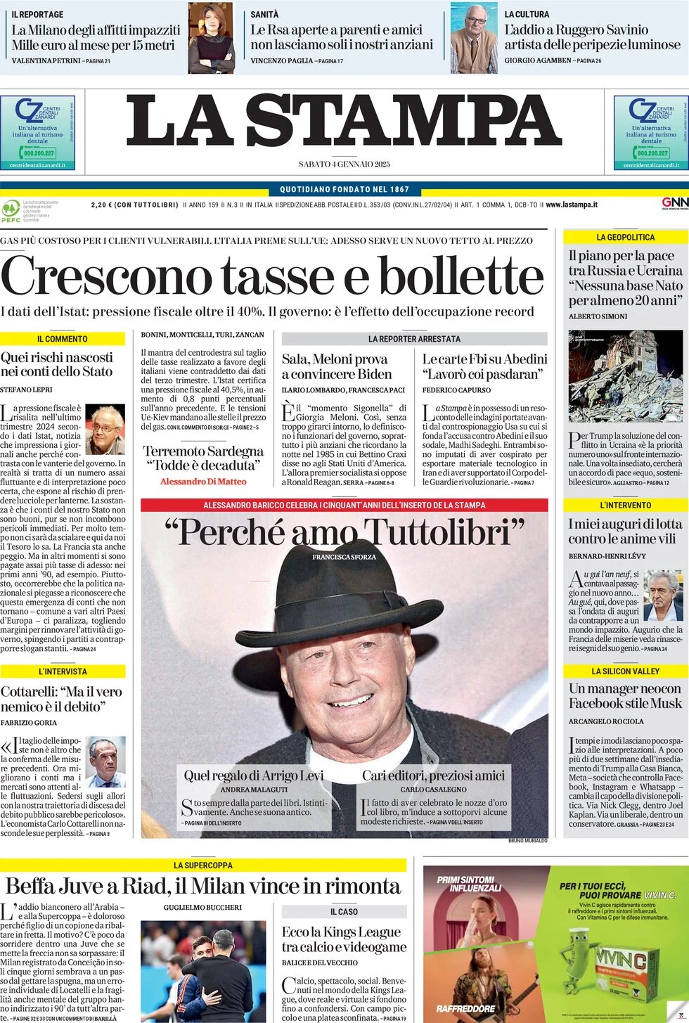 anteprima della prima pagina di la-stampa del 04/01/2025