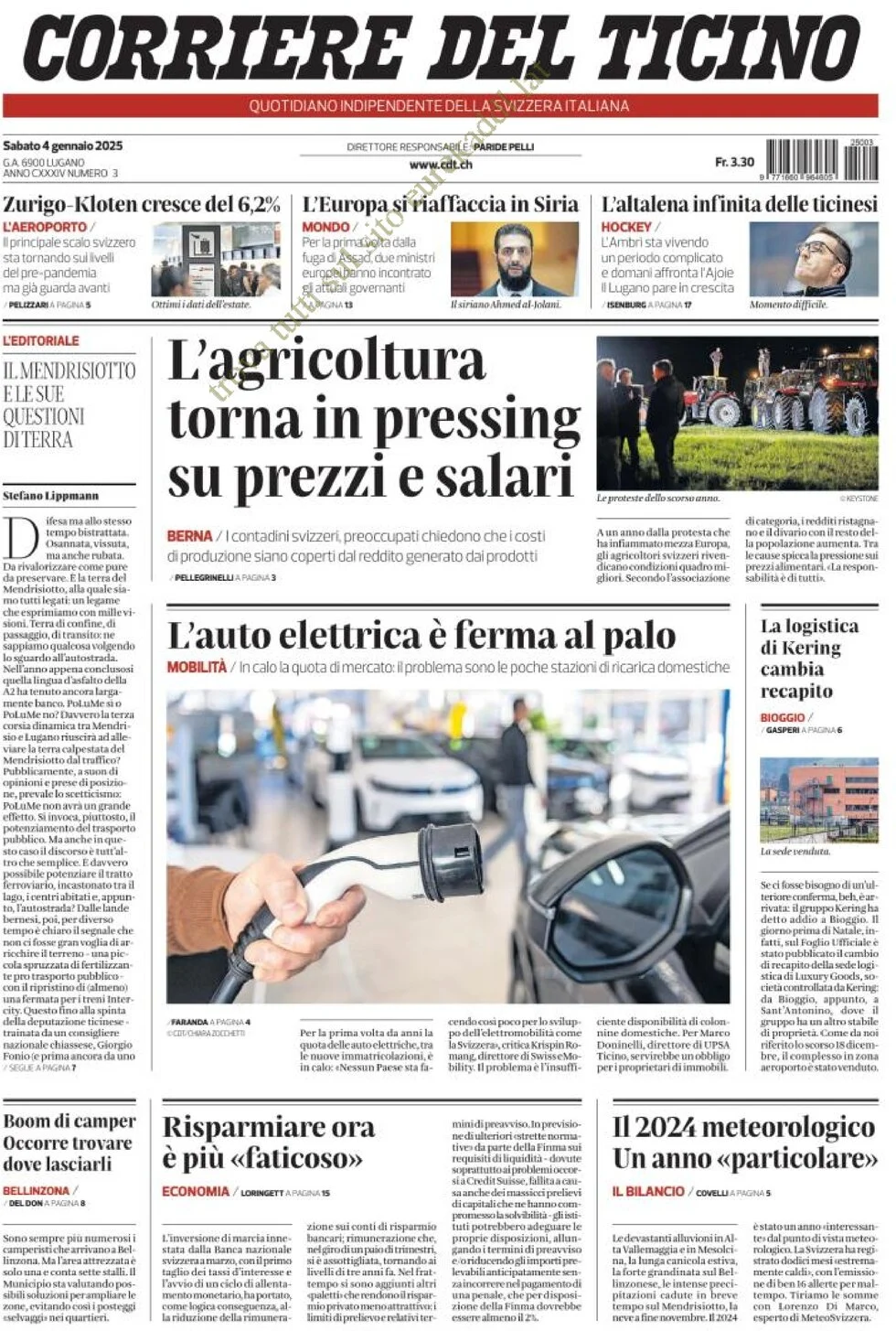 anteprima della prima pagina di corriere-del-ticino del 04/01/2025