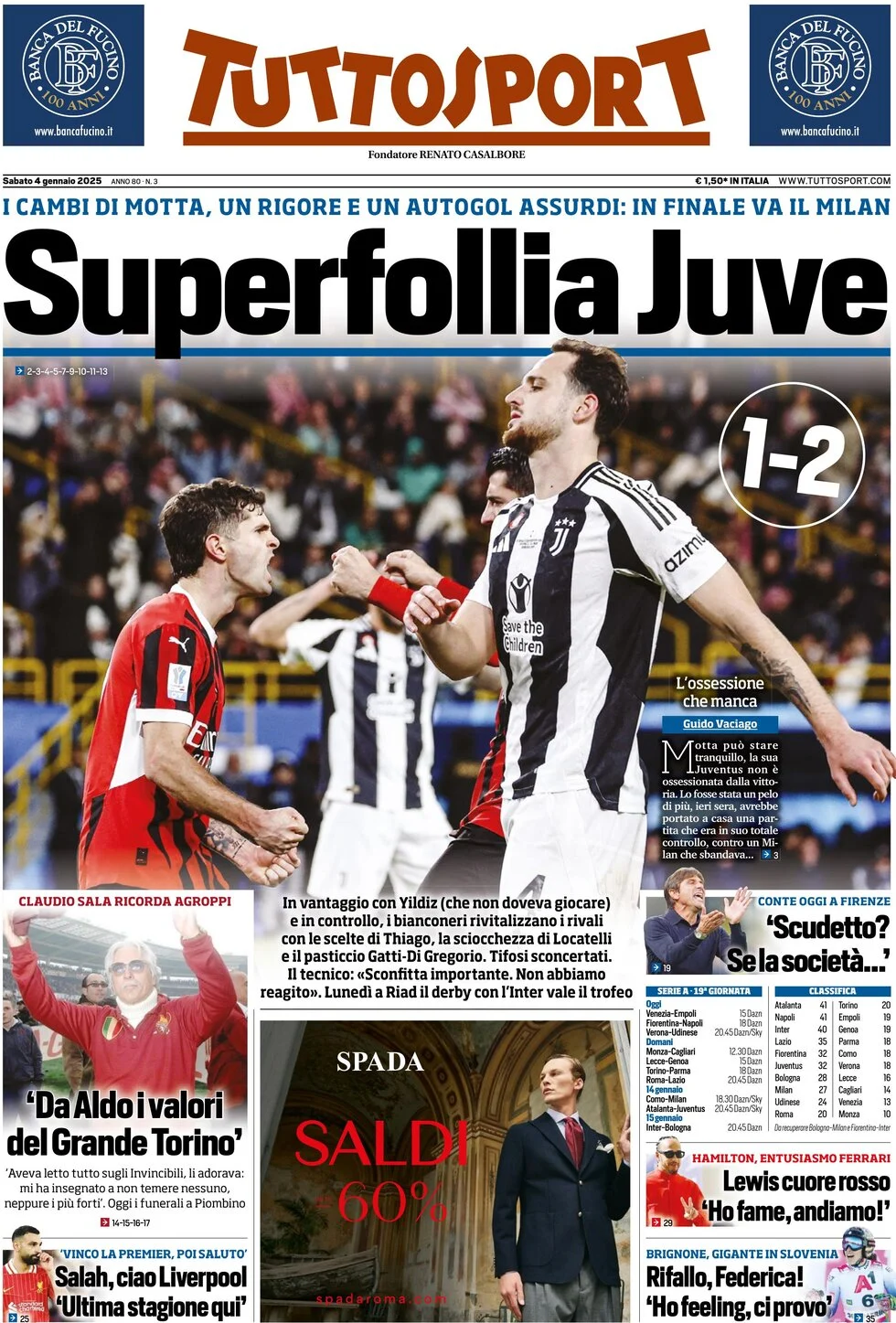 anteprima della prima pagina di tuttosport del 04/01/2025