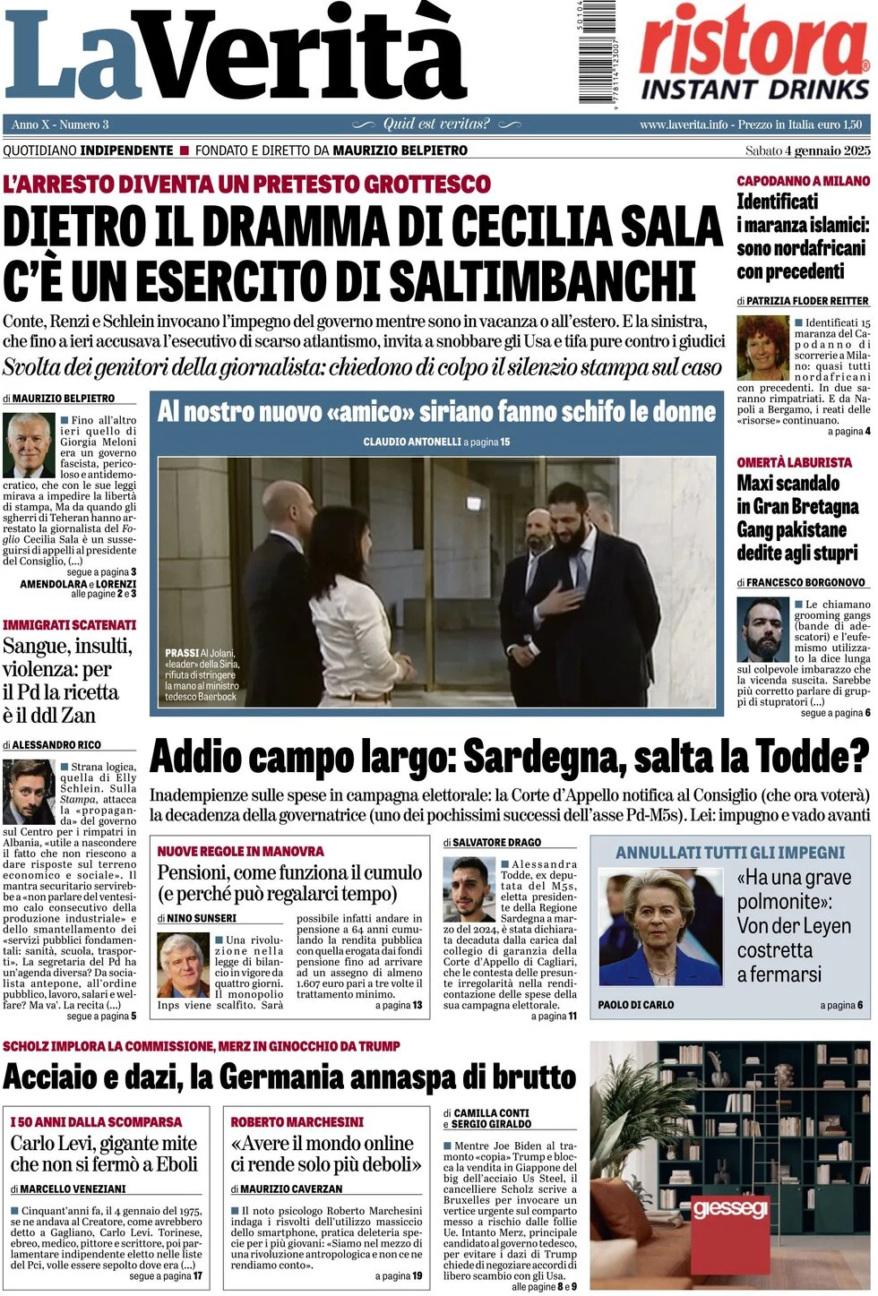 anteprima della prima pagina di la-verit del 04/01/2025