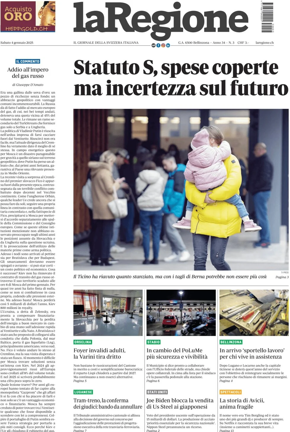 anteprima della prima pagina di la-regione del 04/01/2025