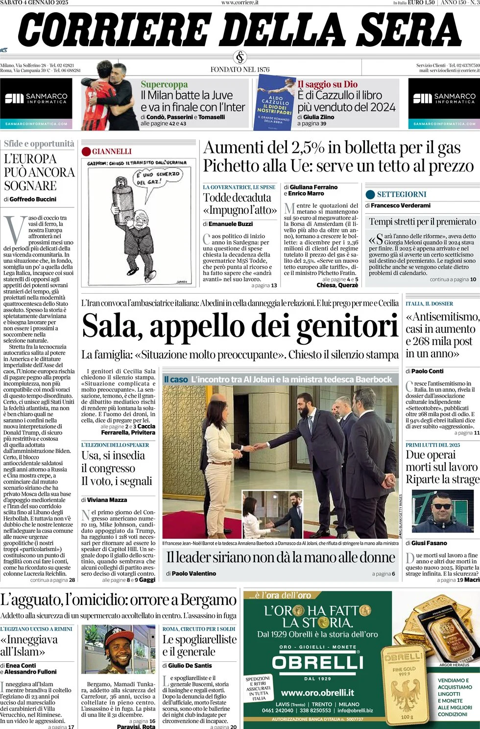 anteprima della prima pagina di corriere-della-sera del 04/01/2025