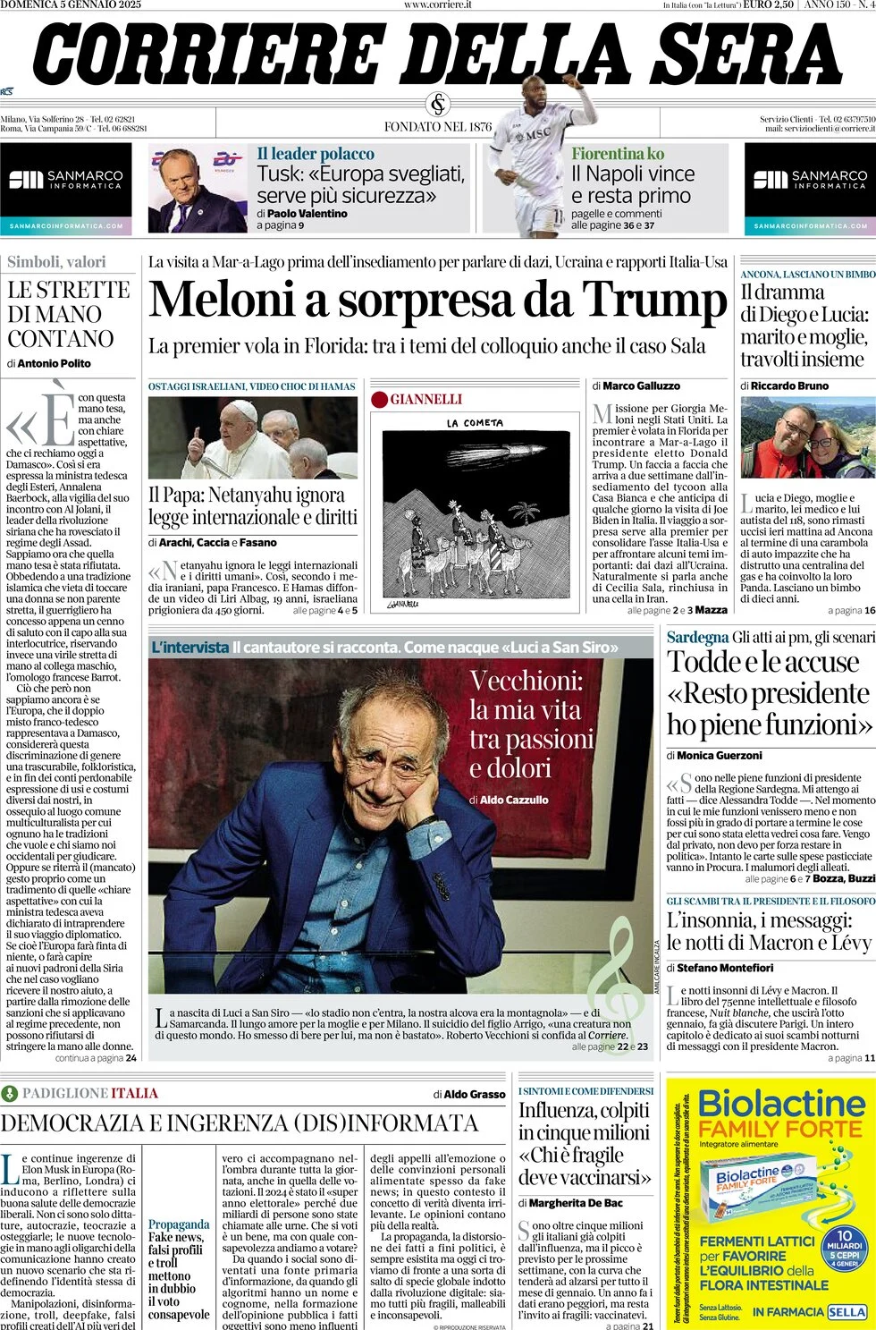 anteprima della prima pagina di corriere-della-sera del 05/01/2025
