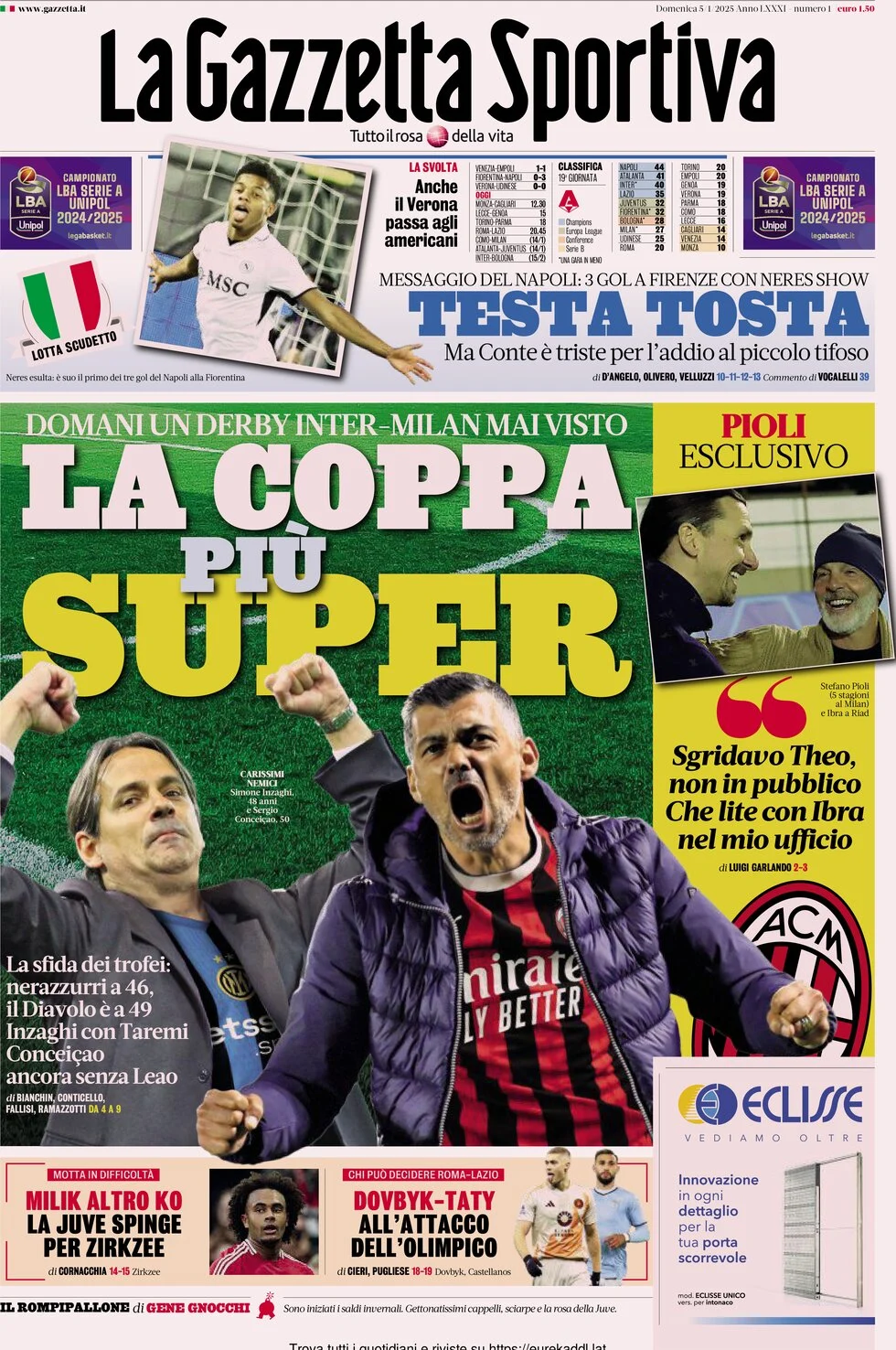 anteprima della prima pagina di la-gazzetta-dello-sport del 05/01/2025
