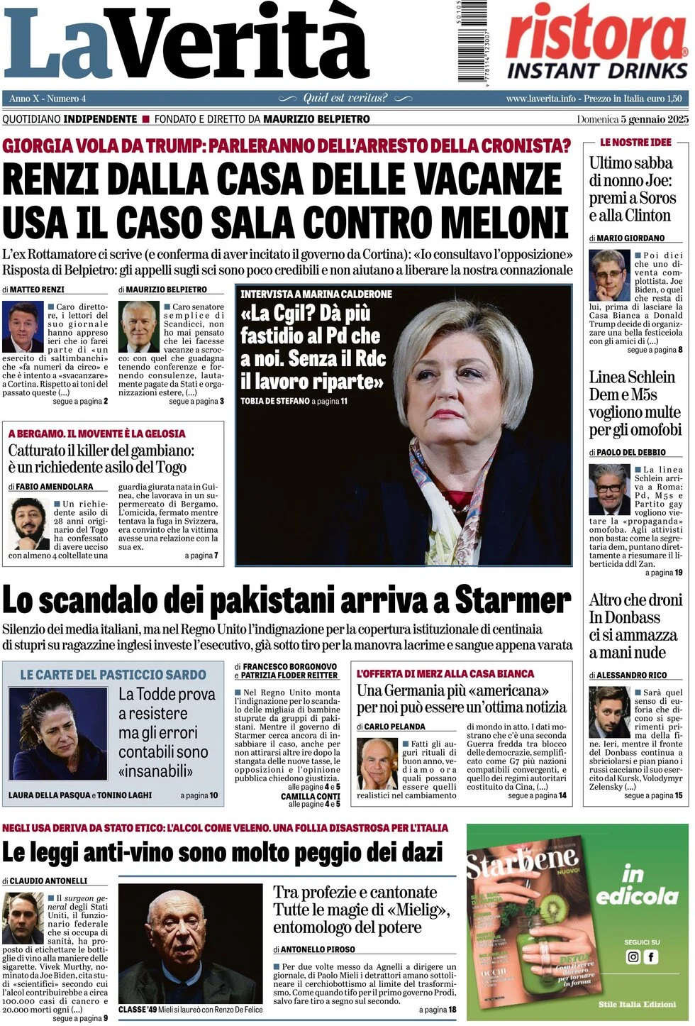 anteprima della prima pagina di la-verit del 05/01/2025