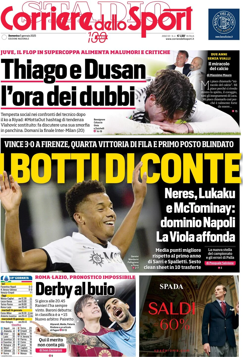 anteprima della prima pagina di corriere-dello-sport del 05/01/2025