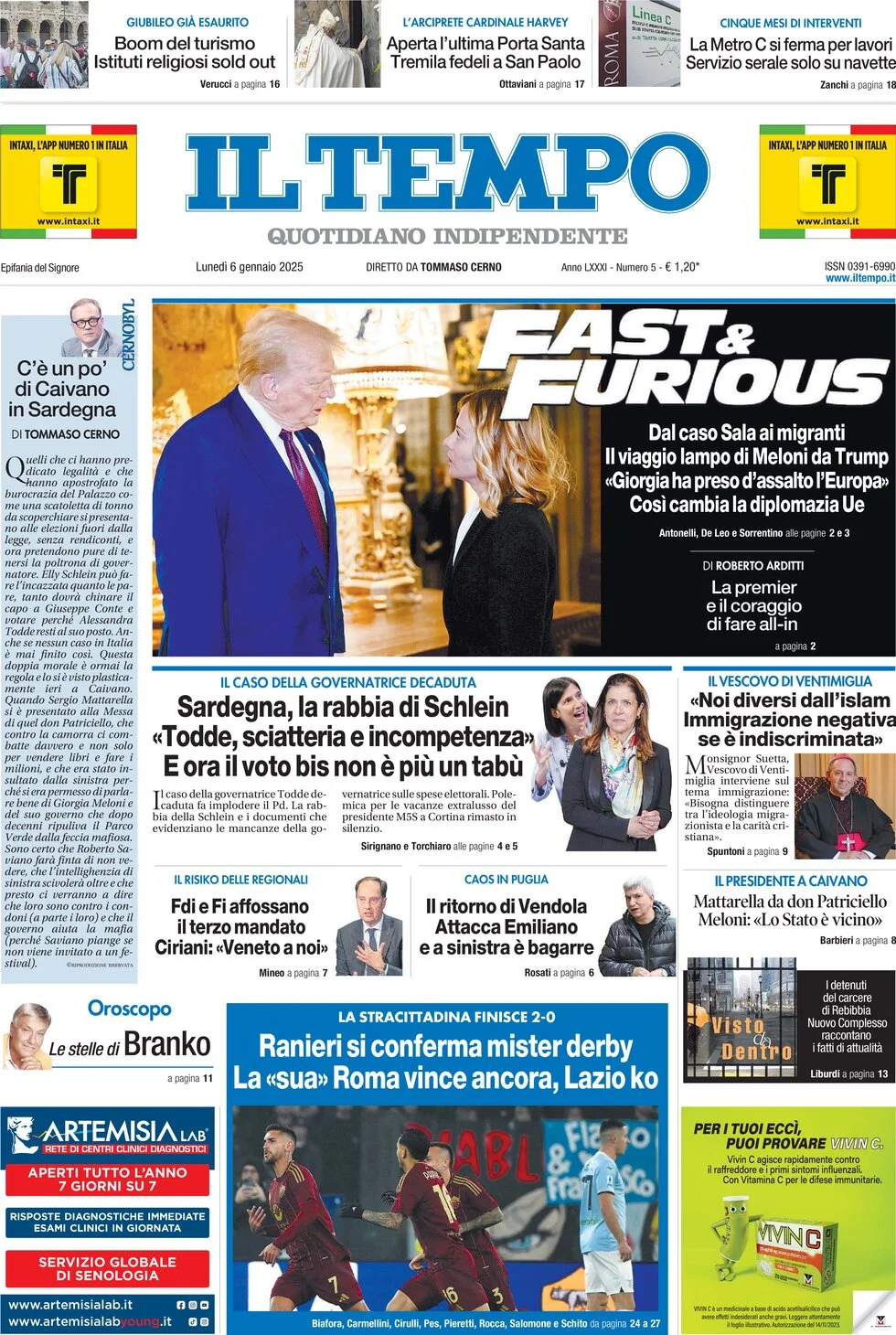 anteprima della prima pagina di il-tempo del 06/01/2025