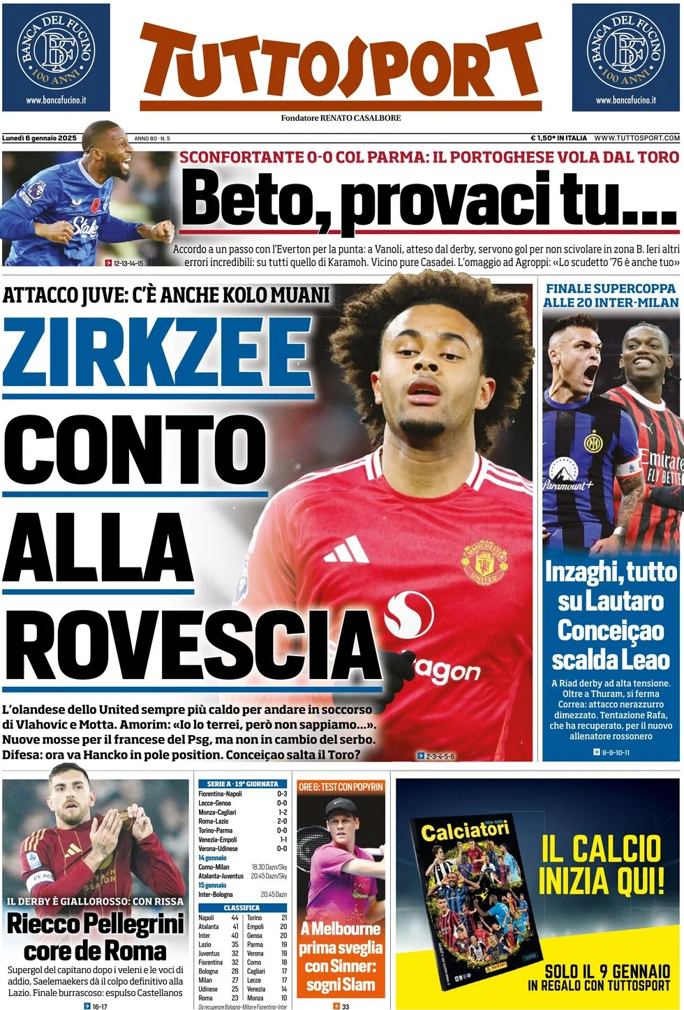 anteprima della prima pagina di tuttosport del 06/01/2025