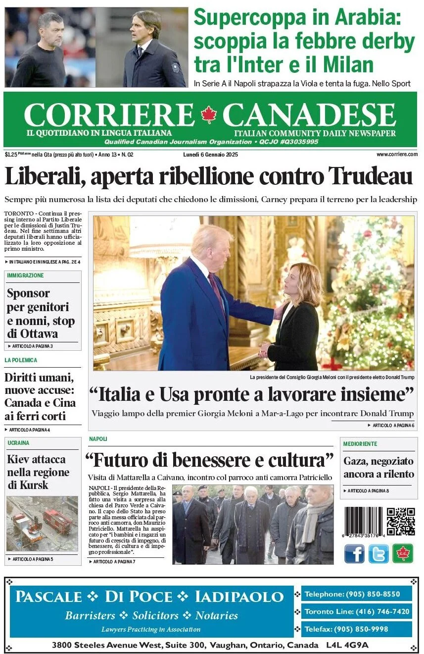 anteprima della prima pagina di corriere-canadese del 06/01/2025