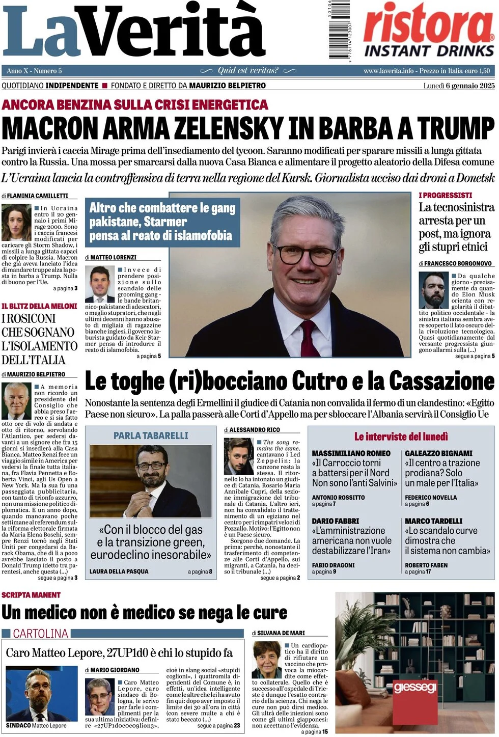 anteprima della prima pagina di la-verit del 06/01/2025