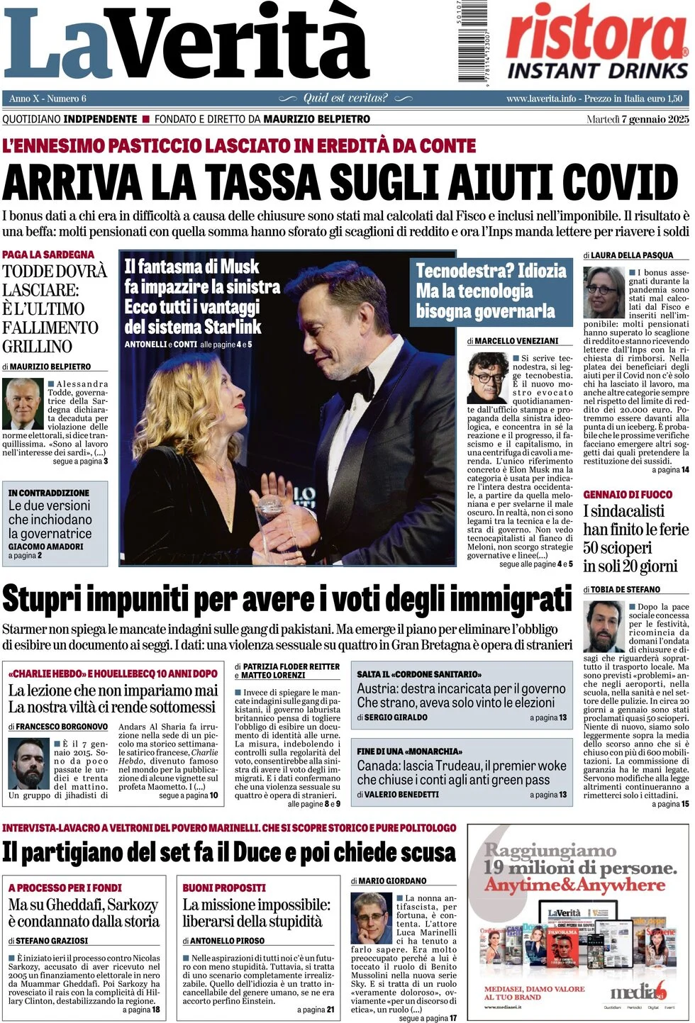 anteprima della prima pagina di la-verit del 07/01/2025