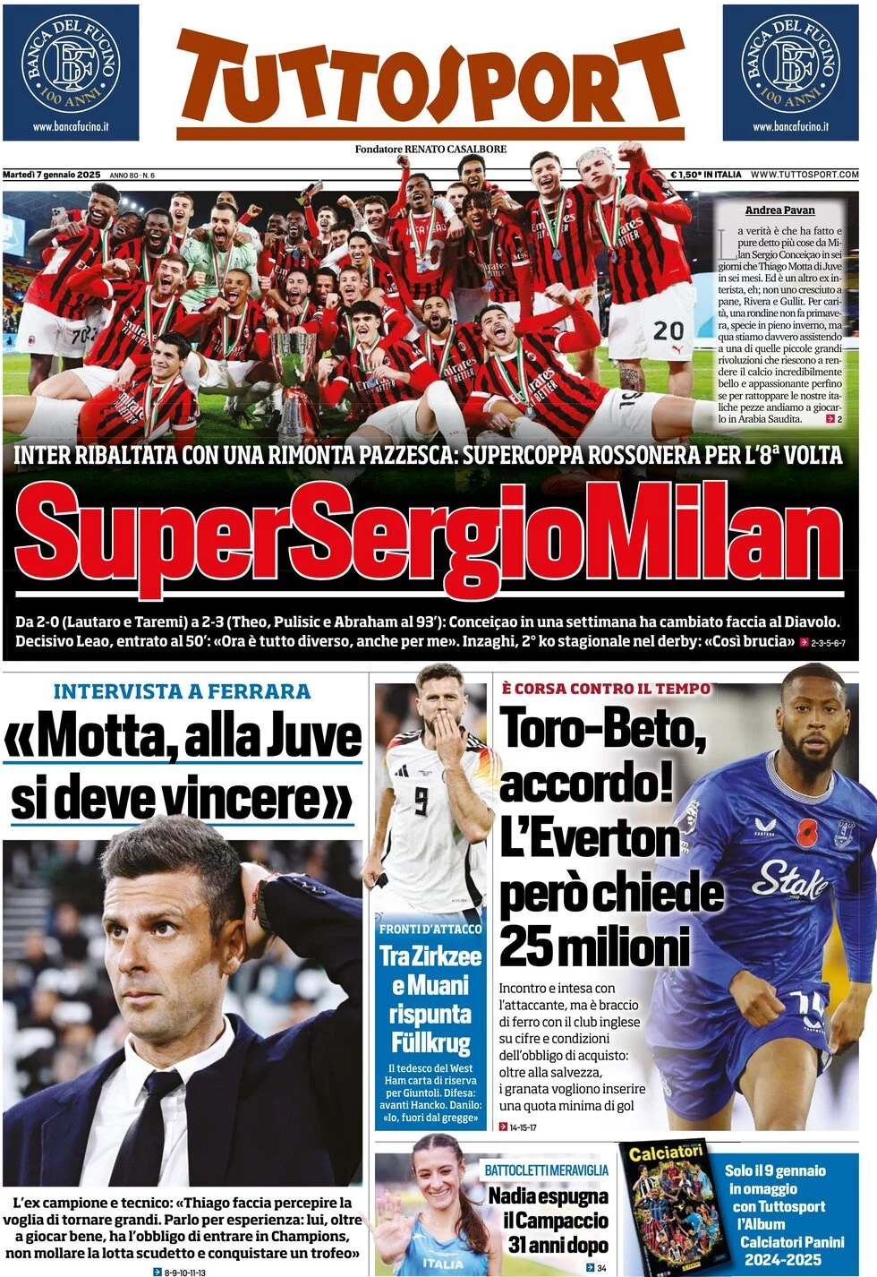 anteprima della prima pagina di tuttosport del 07/01/2025