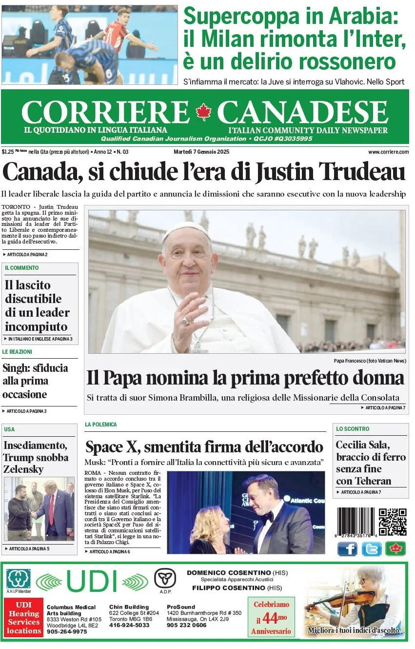 anteprima della prima pagina di corriere-canadese del 07/01/2025