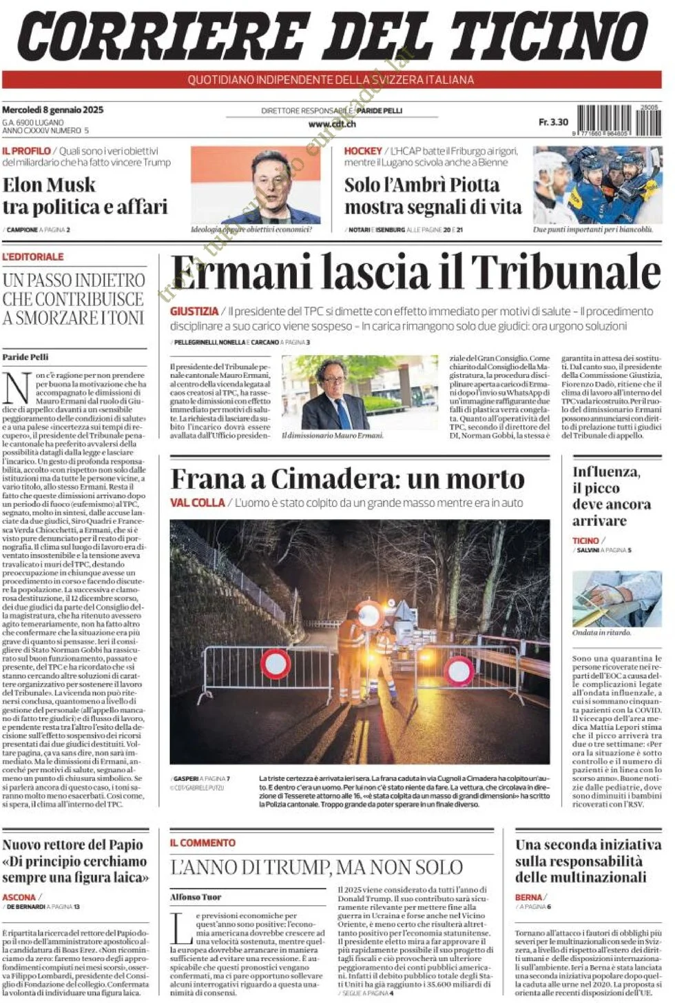anteprima della prima pagina di corriere-del-ticino del 08/01/2025