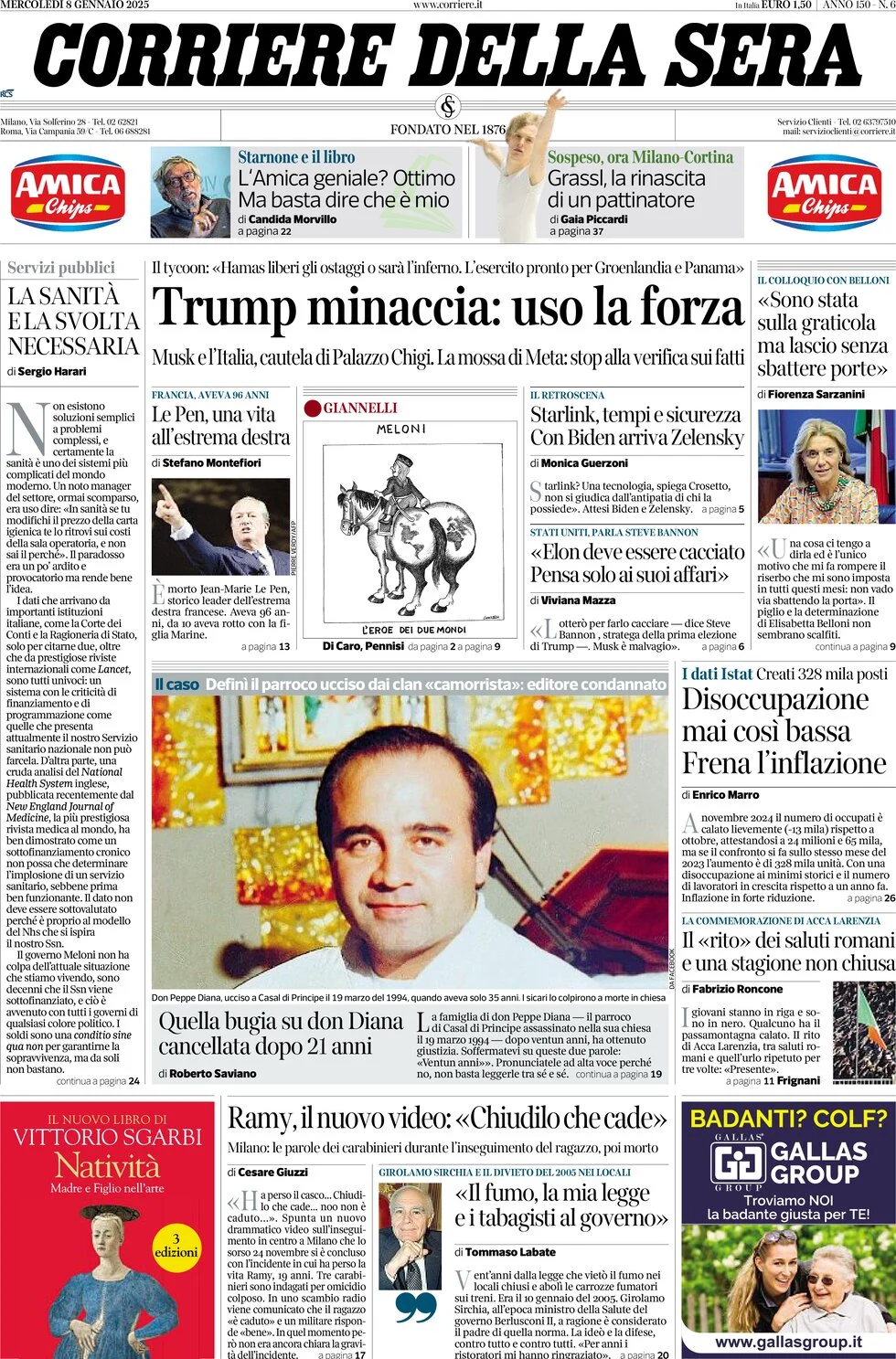 anteprima della prima pagina di corriere-della-sera del 08/01/2025