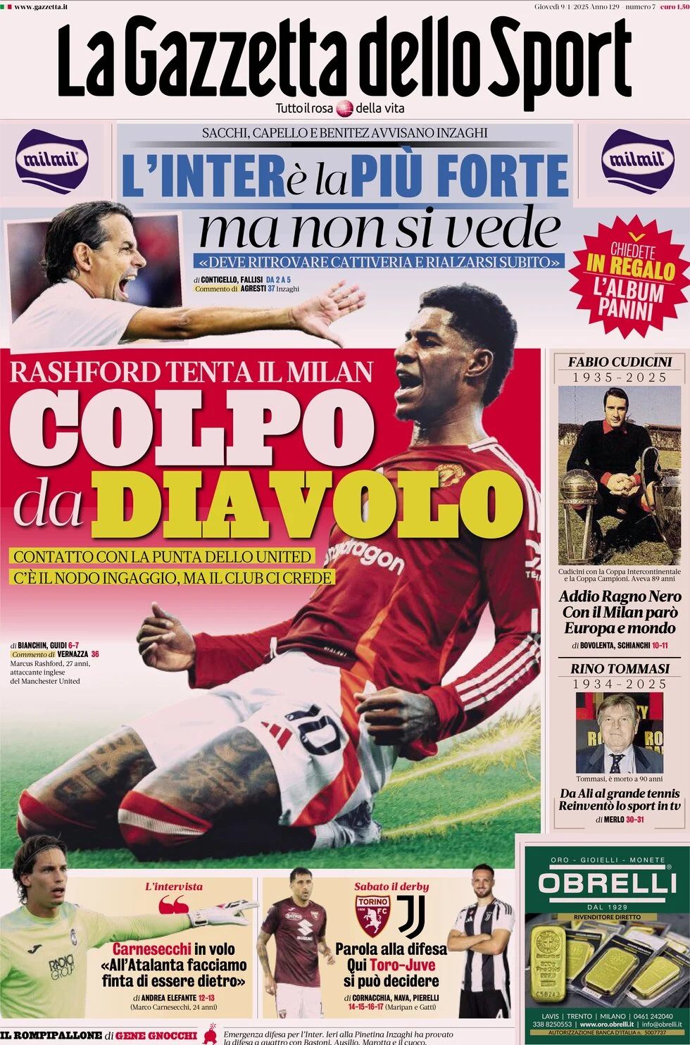 anteprima della prima pagina di la-gazzetta-dello-sport del 09/01/2025