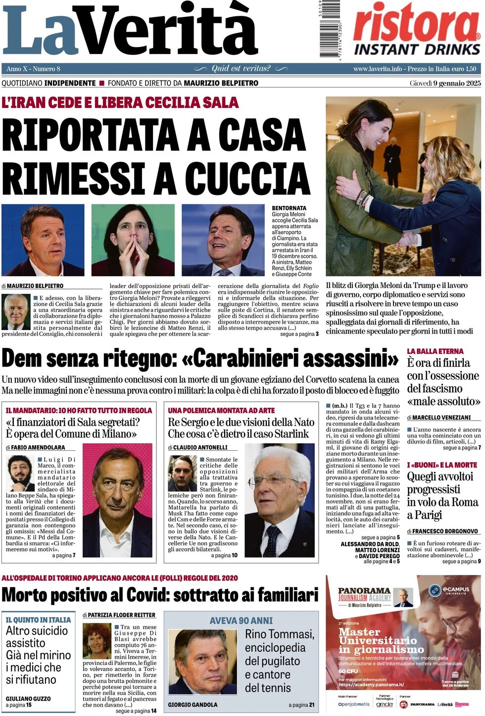 anteprima della prima pagina di la-verit del 09/01/2025