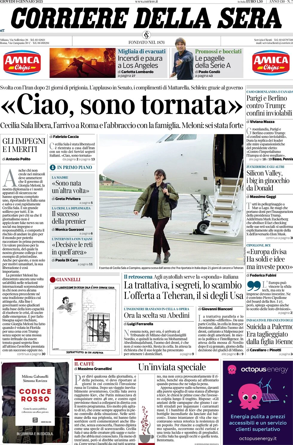 anteprima della prima pagina di corriere-della-sera del 09/01/2025