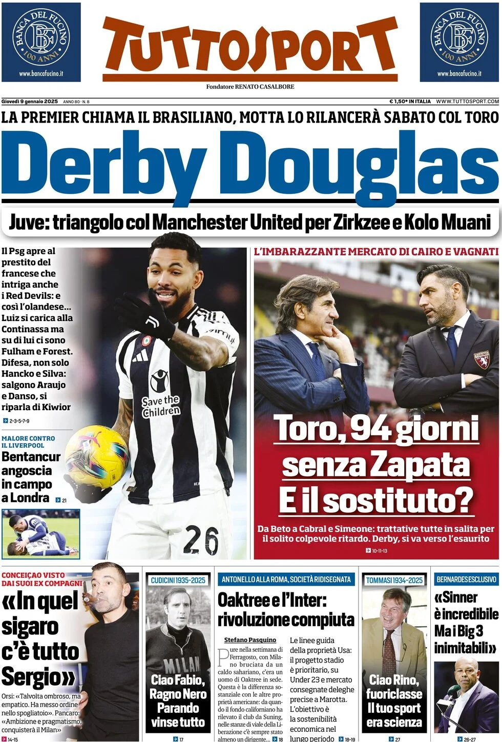 anteprima della prima pagina di tuttosport del 09/01/2025