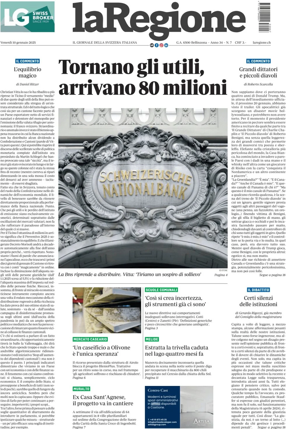 anteprima della prima pagina di la-regione del 10/01/2025