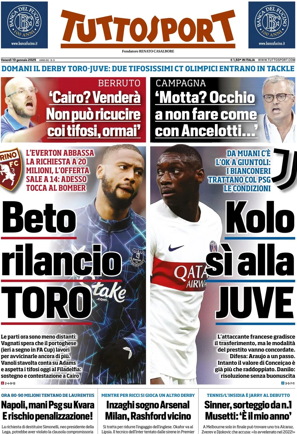 anteprima della prima pagina di tuttosport del 10/01/2025