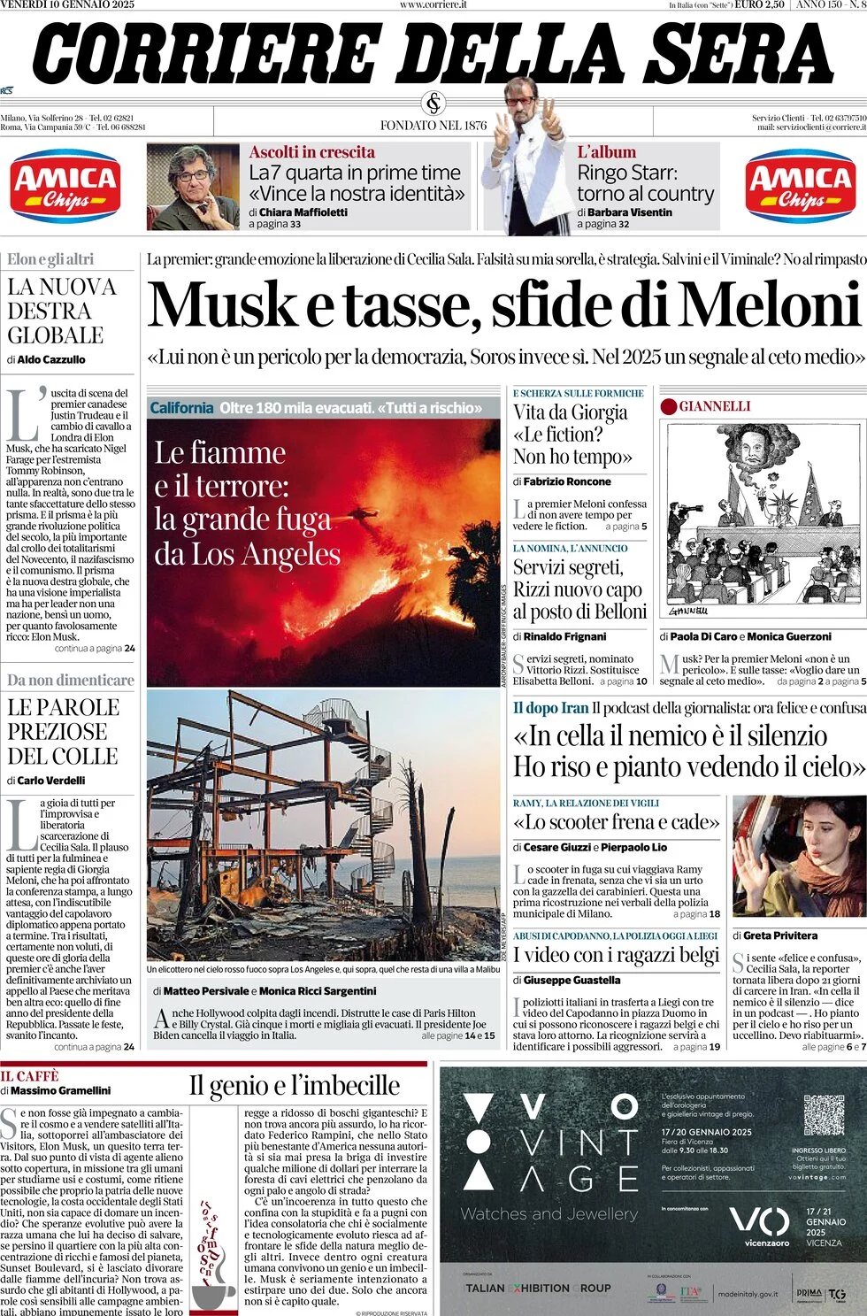 anteprima della prima pagina di corriere-della-sera del 10/01/2025