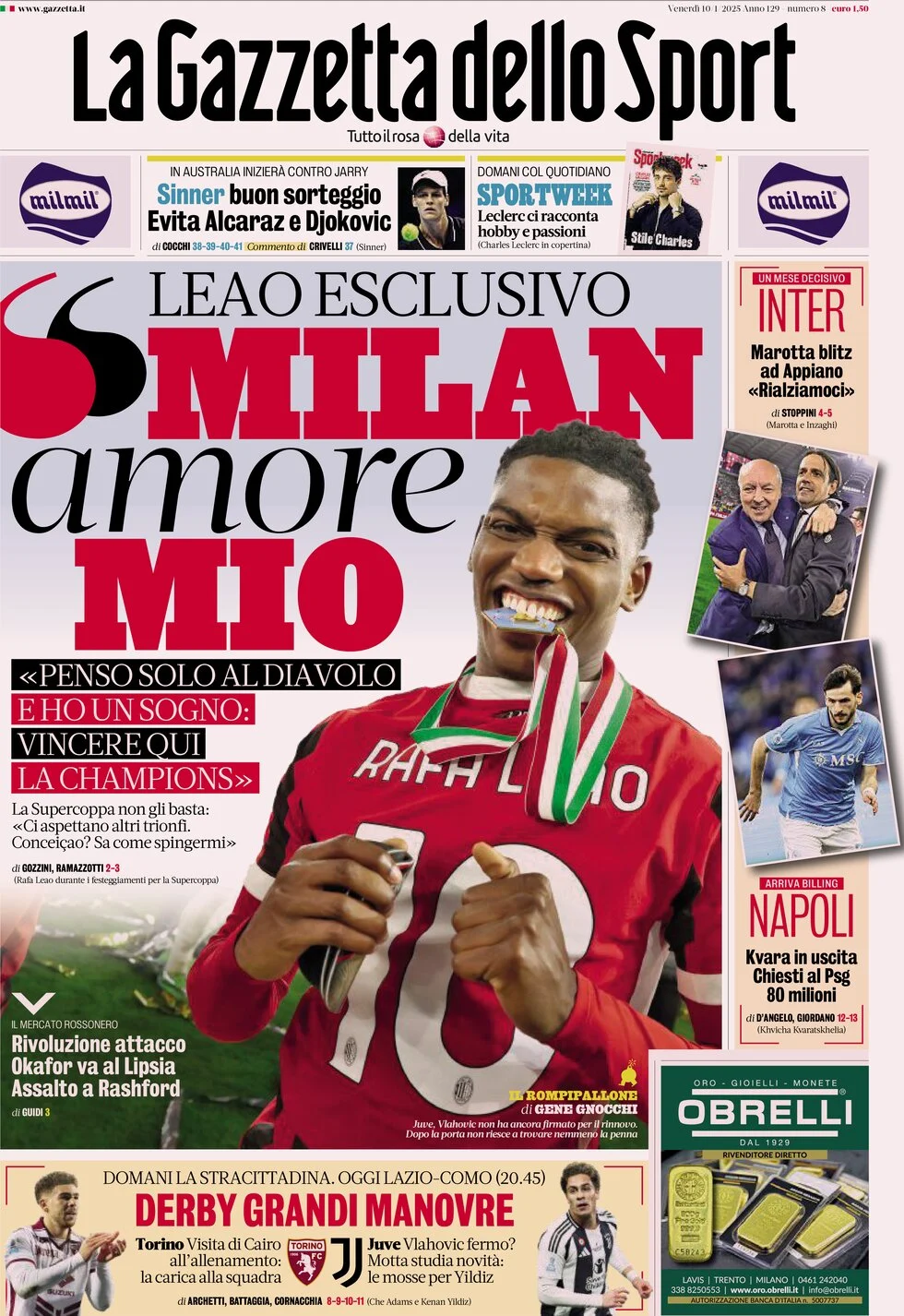 anteprima della prima pagina di la-gazzetta-dello-sport del 10/01/2025