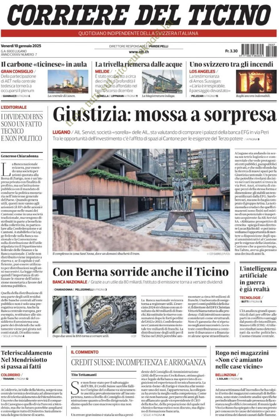 anteprima della prima pagina di corriere-del-ticino del 10/01/2025