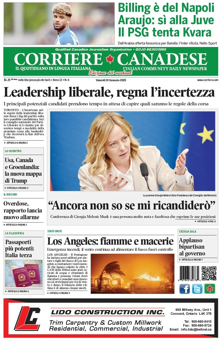 anteprima della prima pagina di corriere-canadese del 10/01/2025