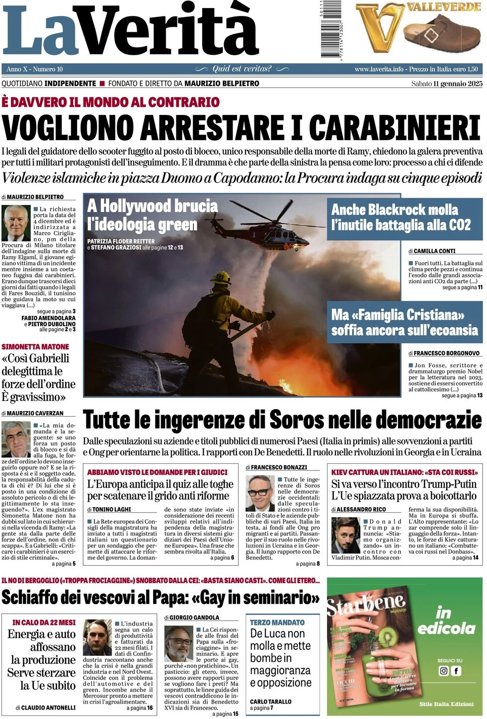 anteprima della prima pagina di la-verit del 11/01/2025