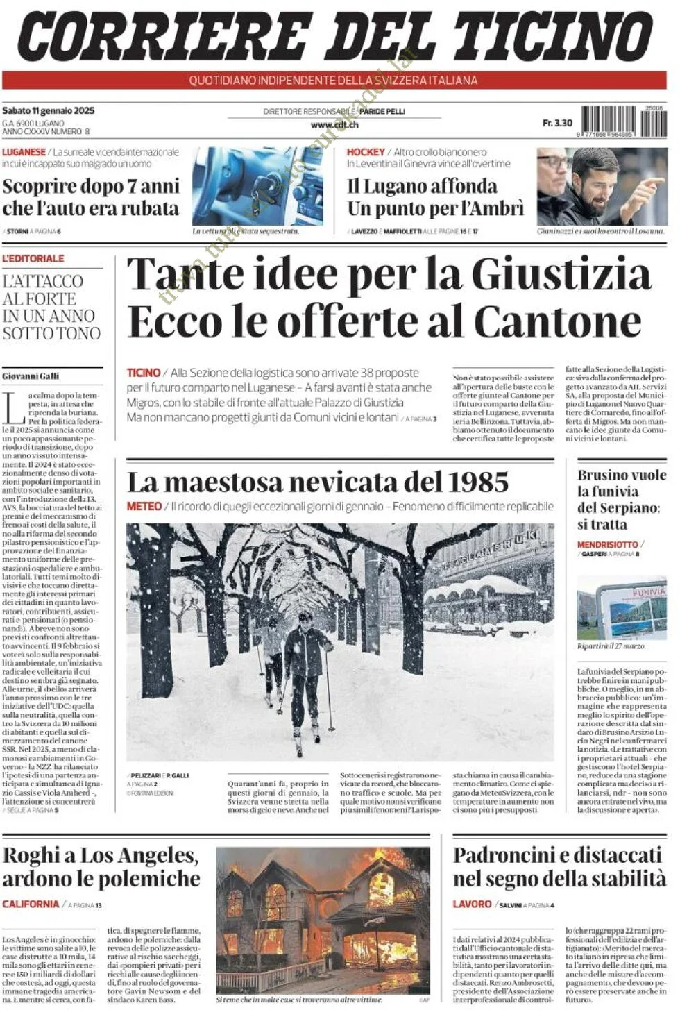 anteprima della prima pagina di corriere-del-ticino del 11/01/2025