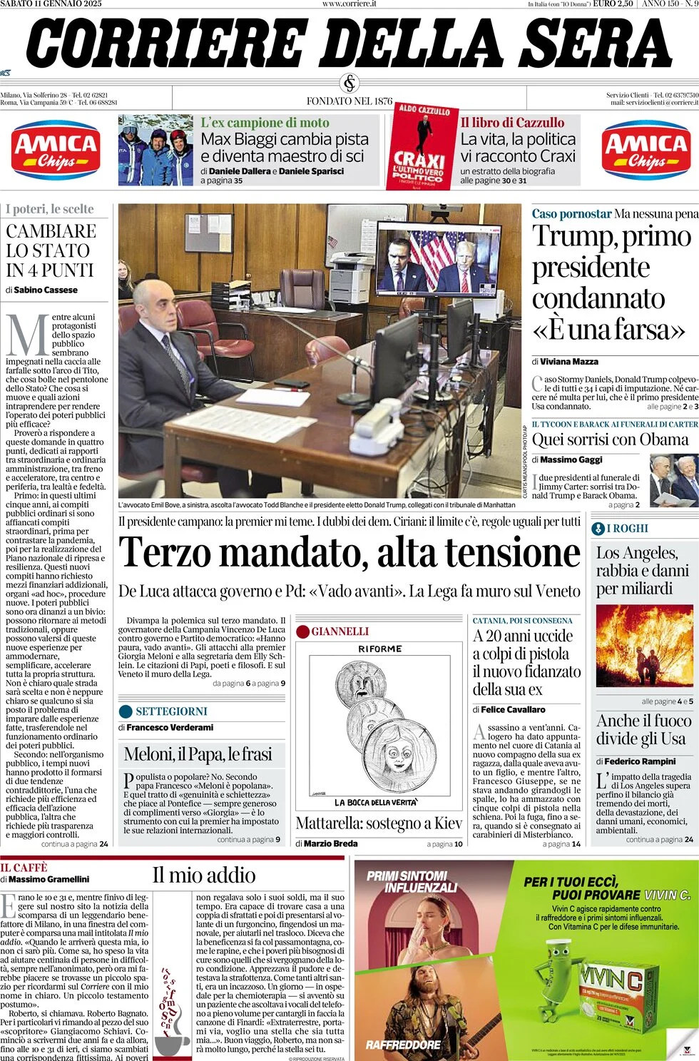 anteprima della prima pagina di corriere-della-sera del 11/01/2025