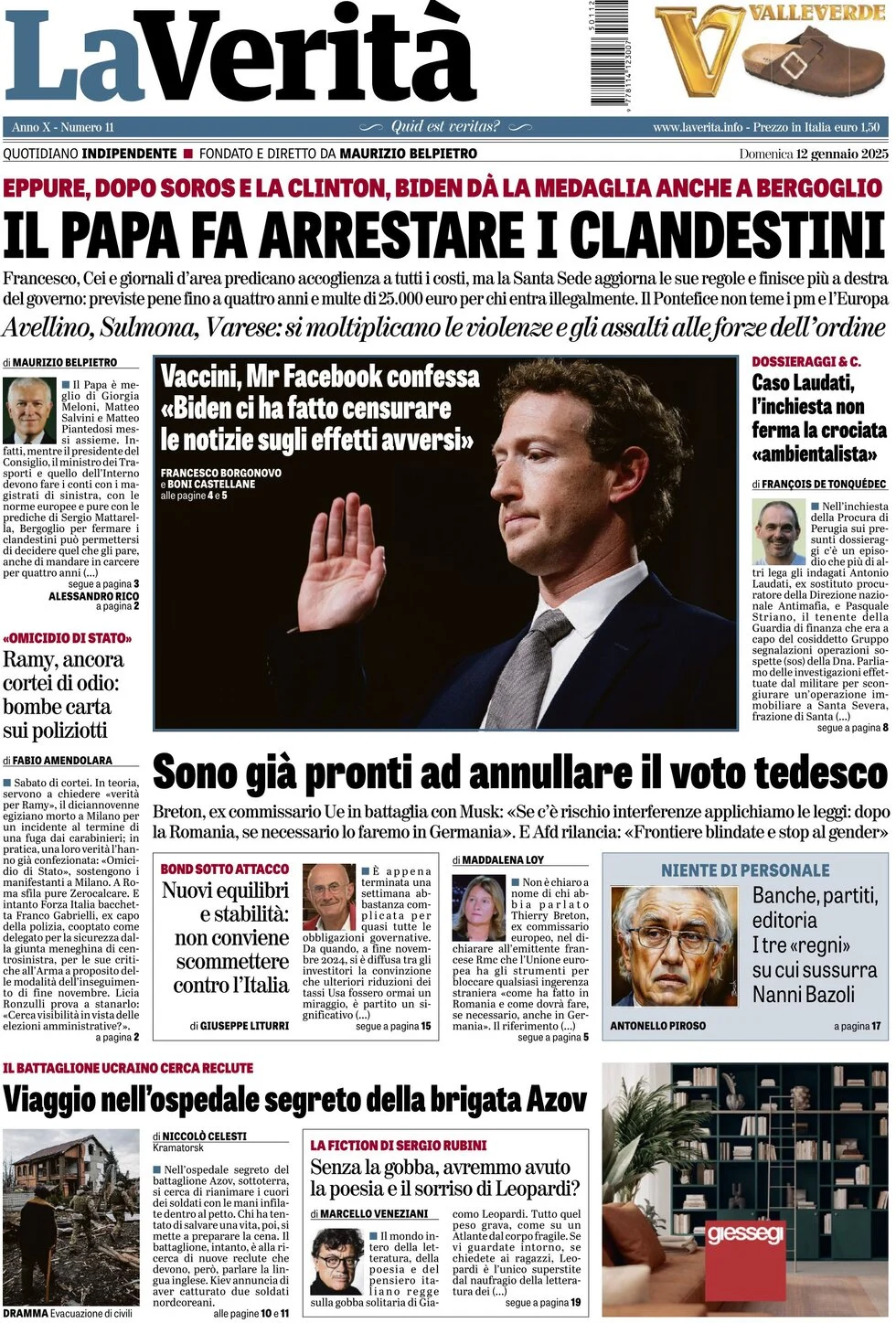 anteprima della prima pagina di la-verit del 12/01/2025