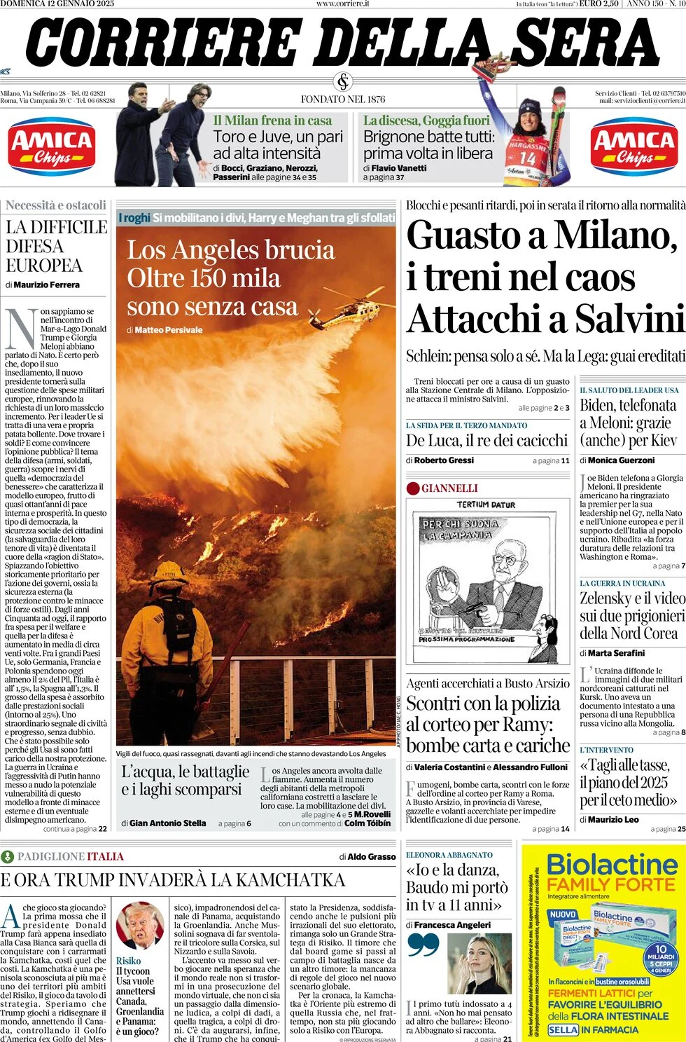 anteprima della prima pagina di corriere-della-sera del 12/01/2025
