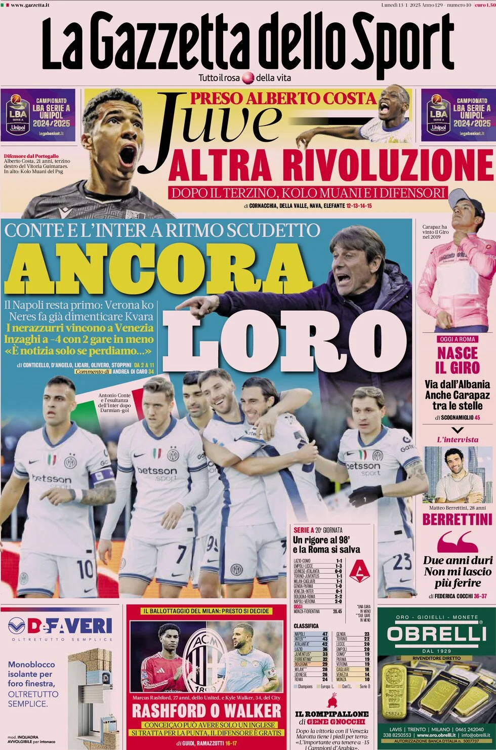 anteprima della prima pagina di la-gazzetta-dello-sport del 13/01/2025