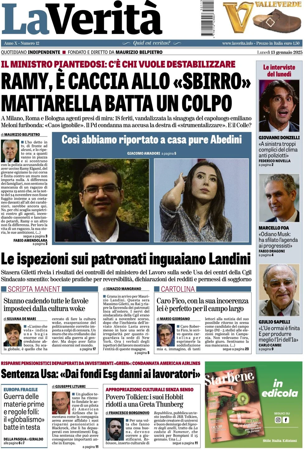 anteprima della prima pagina di la-verit del 13/01/2025
