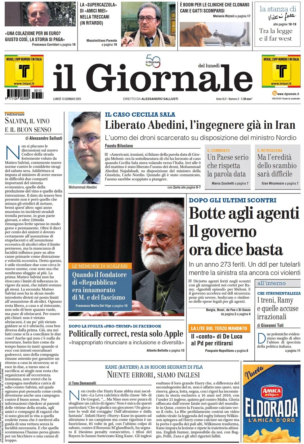 anteprima della prima pagina di il-giornale del 13/01/2025