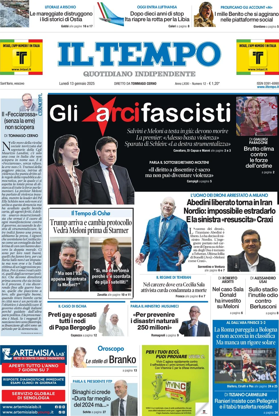 anteprima della prima pagina di il-tempo del 13/01/2025