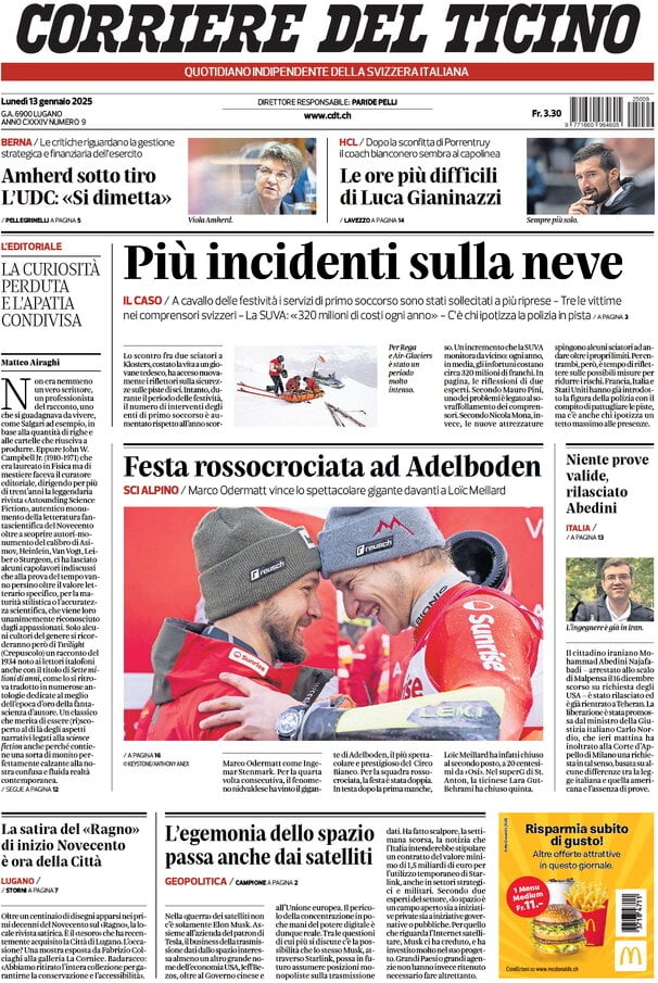 anteprima della prima pagina di corriere-del-ticino del 13/01/2025