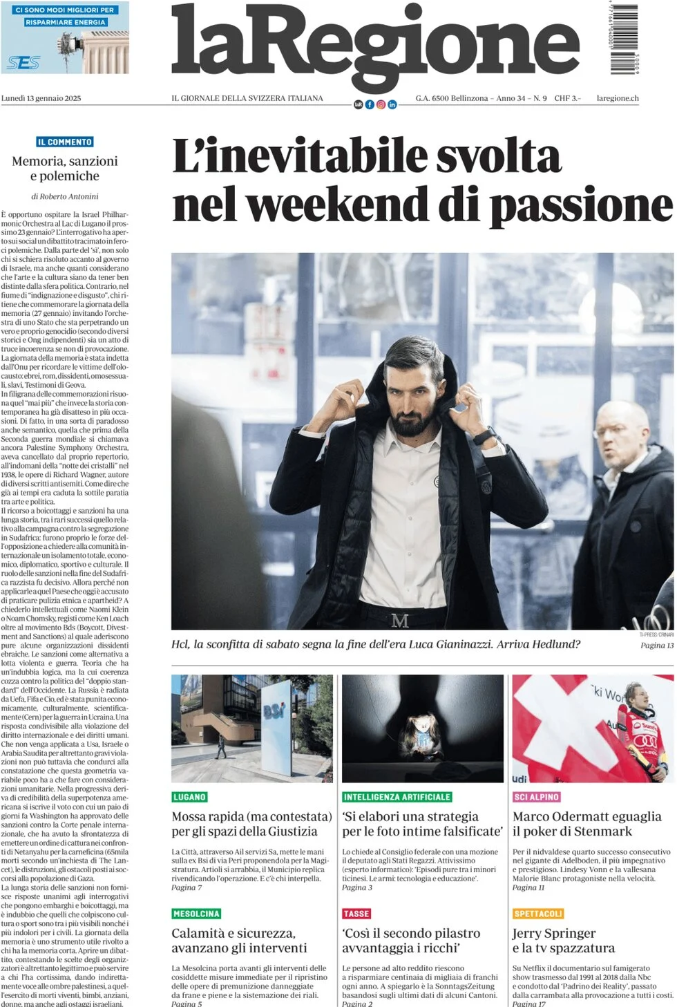 anteprima della prima pagina di la-regione del 13/01/2025