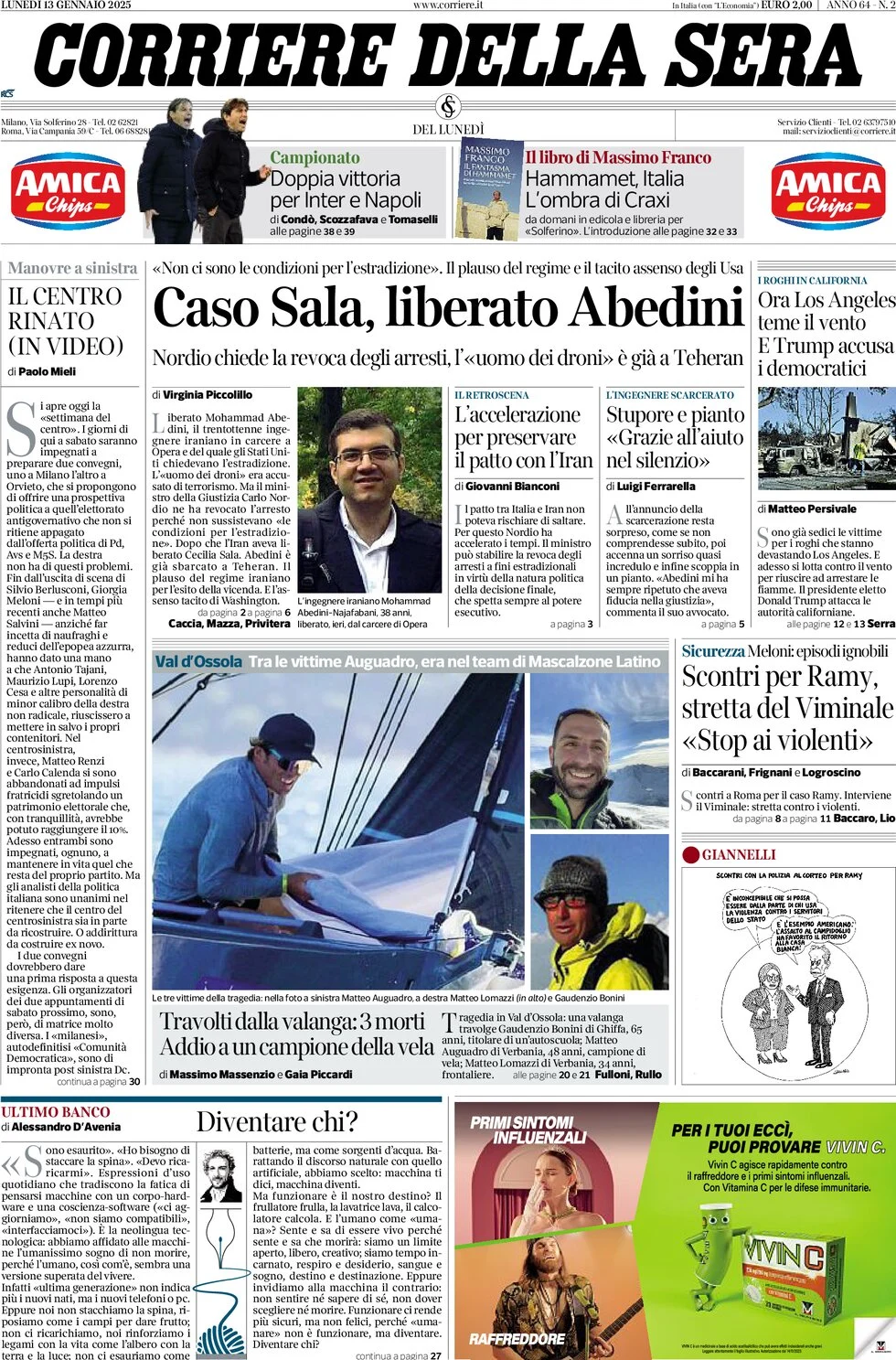 anteprima della prima pagina di corriere-della-sera del 13/01/2025