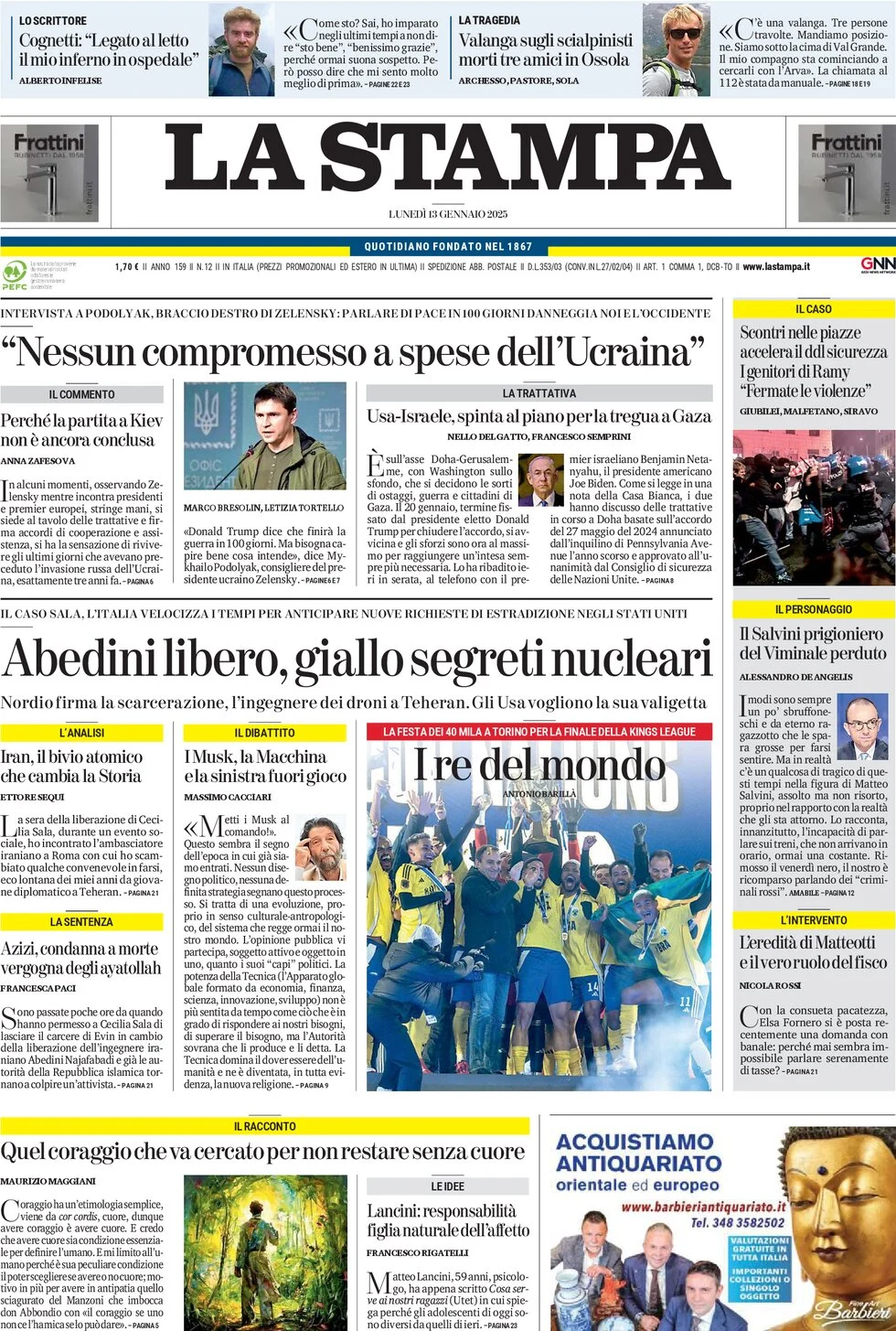 anteprima della prima pagina di la-stampa del 13/01/2025
