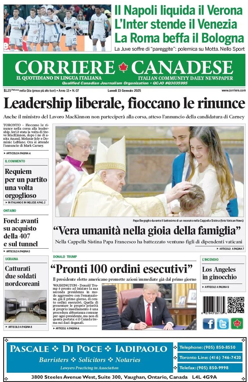 anteprima della prima pagina di corriere-canadese del 13/01/2025