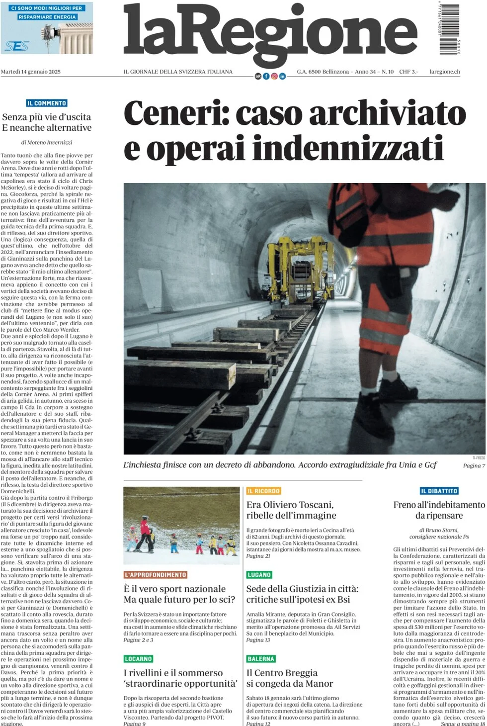 anteprima della prima pagina di la-regione del 14/01/2025