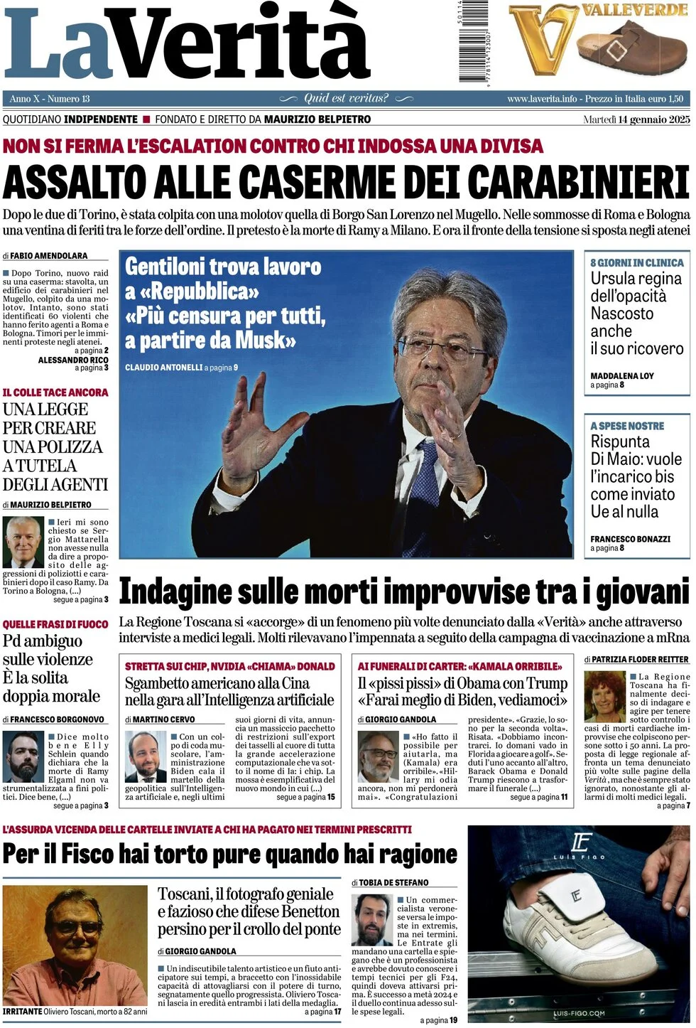 anteprima della prima pagina di la-verit del 14/01/2025